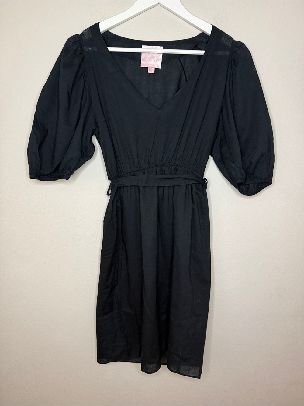 Romeo & Juliet Couture Black Midi Dress with Puff Sleeves and Waist Tie [L-1195]